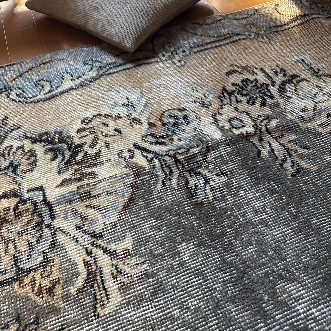 92×180-184グレイカーキ　ボタニカル柄　トルコヴィンテージラグ