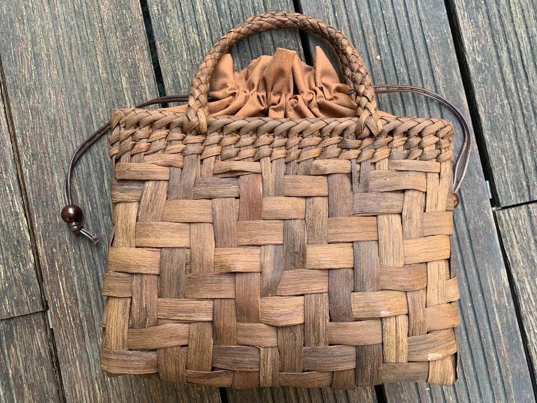 山葡萄かごバッグ 手作り 網代編み 手提げ 籠バック 内布付き
