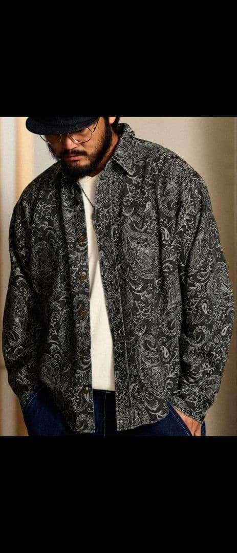 karaku ペイズリー柄 ブラック系 長袖シャツ