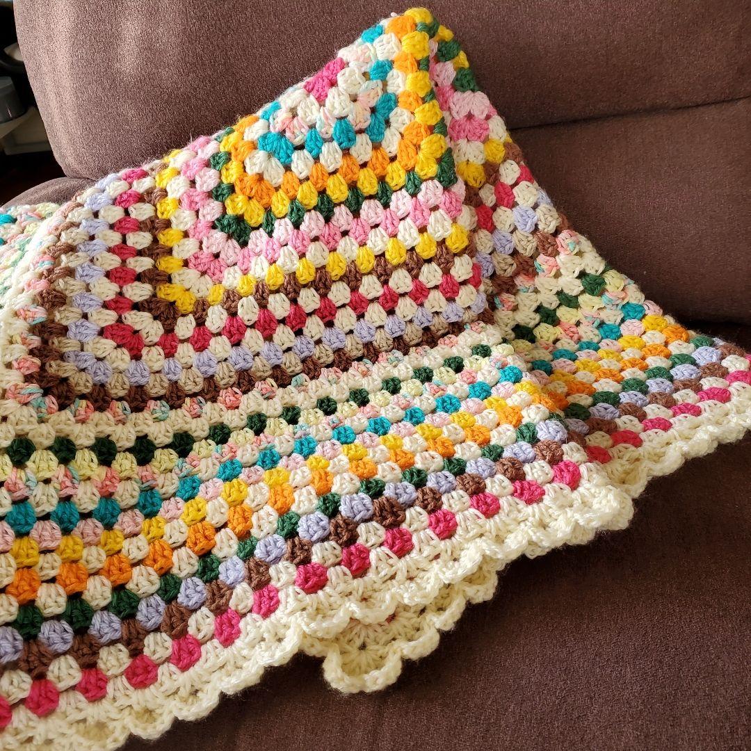 手編み♡モチーフ編み♡ブランケット♡レトロポップ♡オフ白
