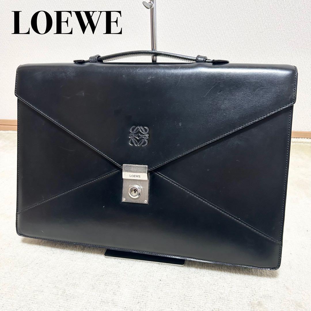 希少　ロエベ ディプロマティコ ビジネスバッグ アナグラム 型押し レザー 黒