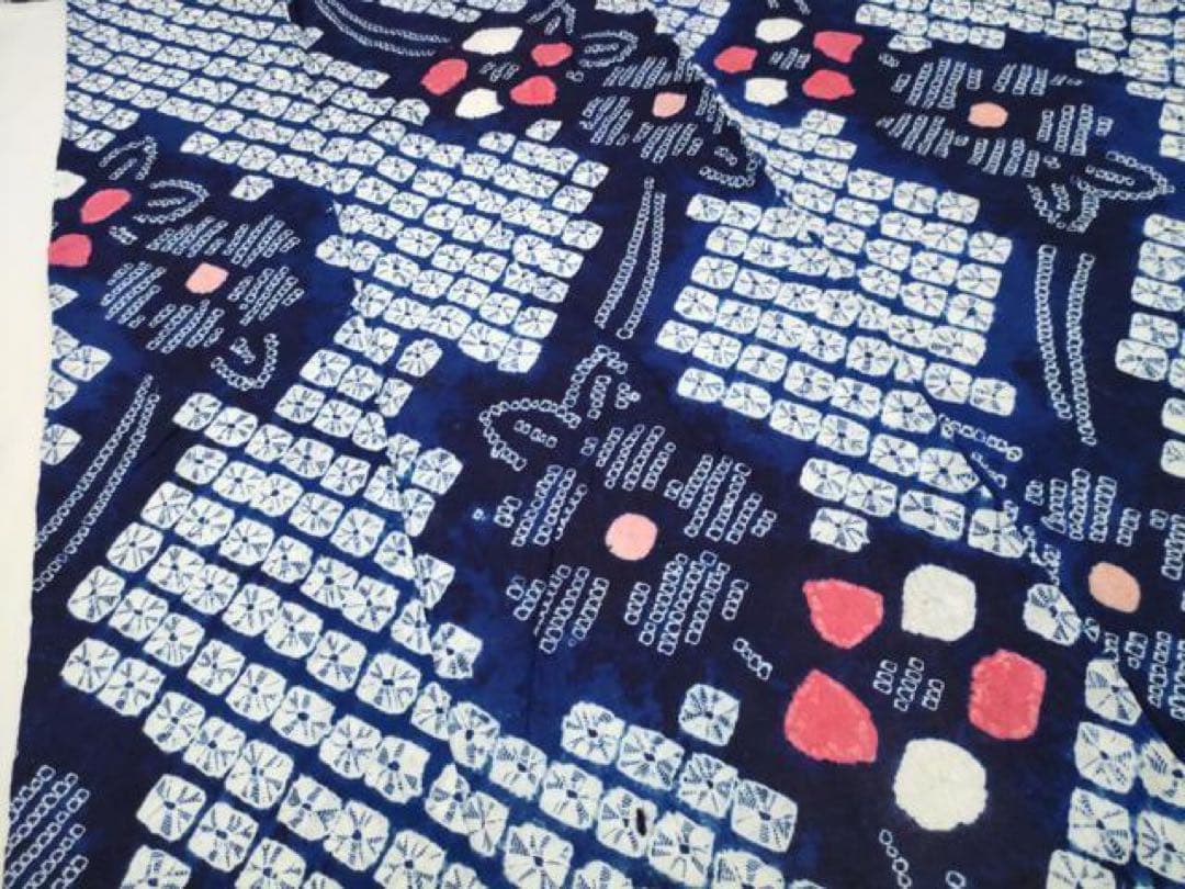 有松絞り　浴衣　夏着物　有松鳴海絞り　紺地　花　綿　トールサイズ　蜘蛛絞り