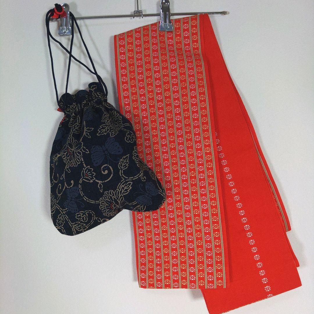 レトロ　レディース　浴衣セット　身丈154cm　ネイビー　花柄　半幅帯　オレンジ