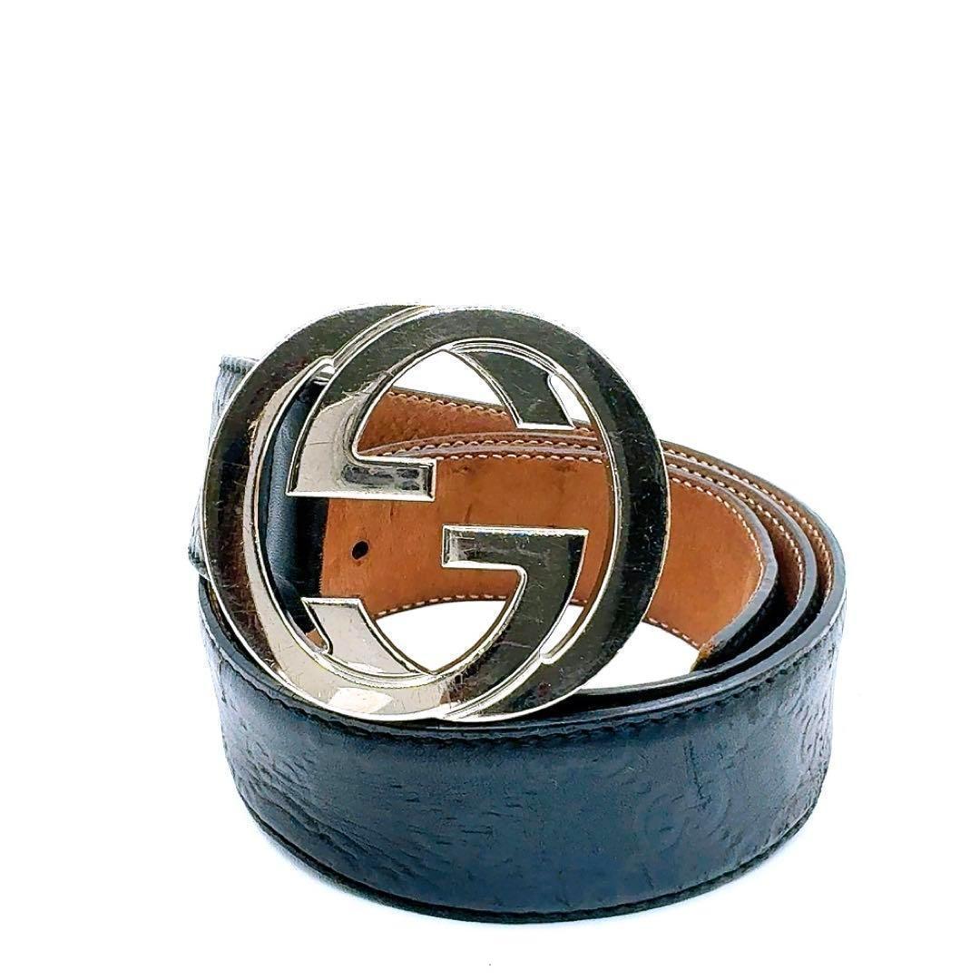 良品✨グッチ シマ レザー ベルト 90/36 GG ブラック系 本革 シルバー