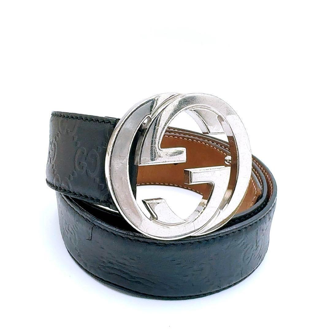 良品✨グッチ シマ レザー ベルト 90/36 GG ブラック系 本革 シルバー