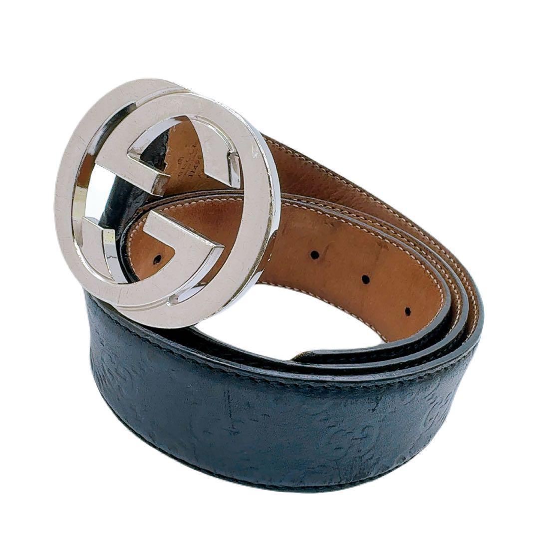 良品✨グッチ シマ レザー ベルト 90/36 GG ブラック系 本革 シルバー