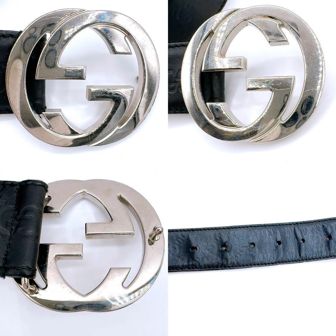 良品✨グッチ シマ レザー ベルト 90/36 GG ブラック系 本革 シルバー