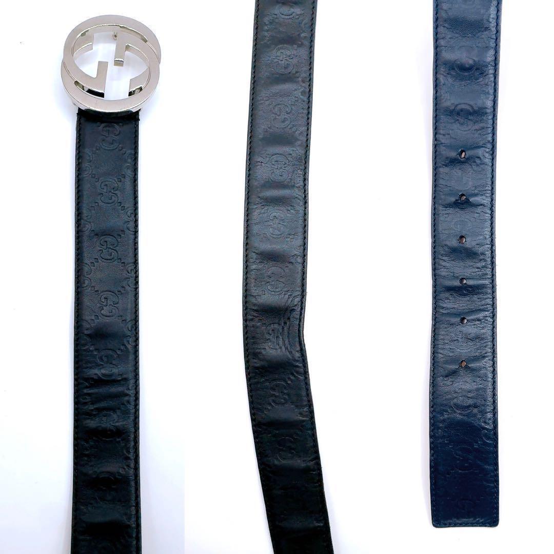 良品✨グッチ シマ レザー ベルト 90/36 GG ブラック系 本革 シルバー