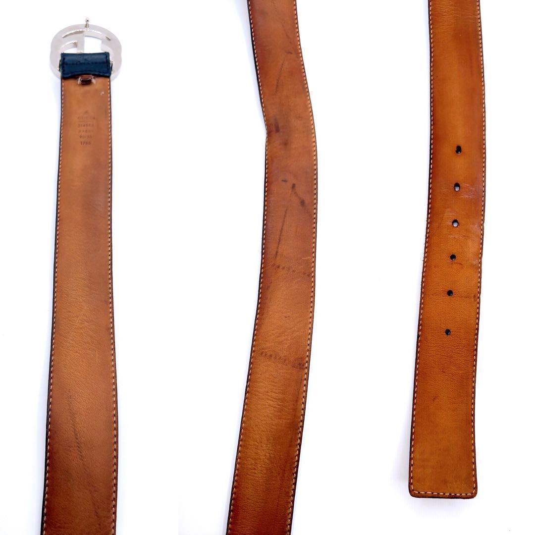 良品✨グッチ シマ レザー ベルト 90/36 GG ブラック系 本革 シルバー