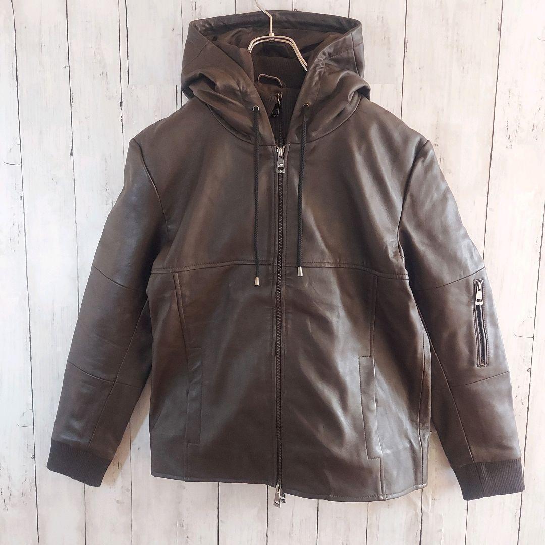 【AKM】エイケイエム ダブルファスナー ラムレザージャケット パーカー M 茶