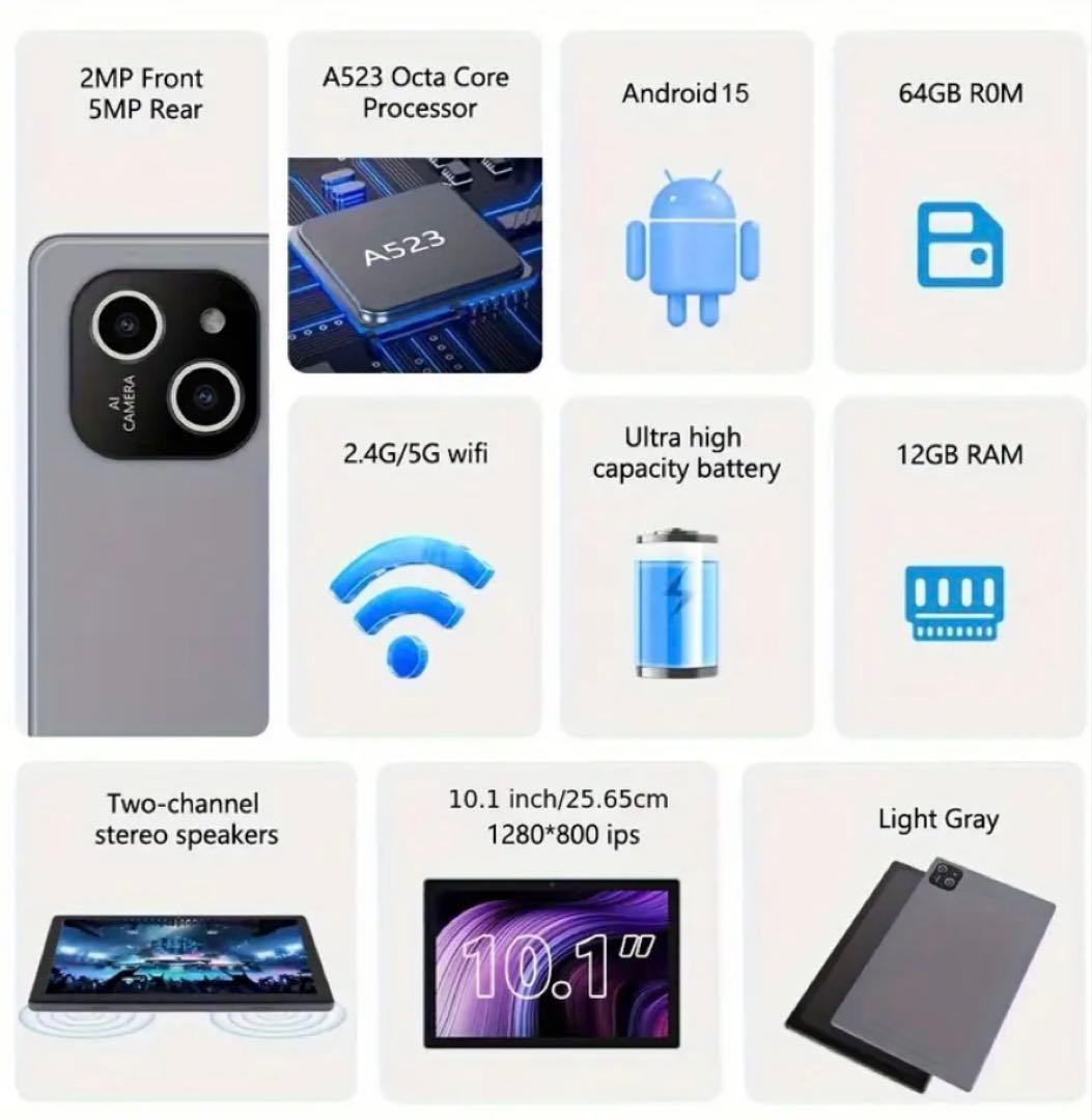 Android 15 タブレット 12GB RAM 10.1インチ