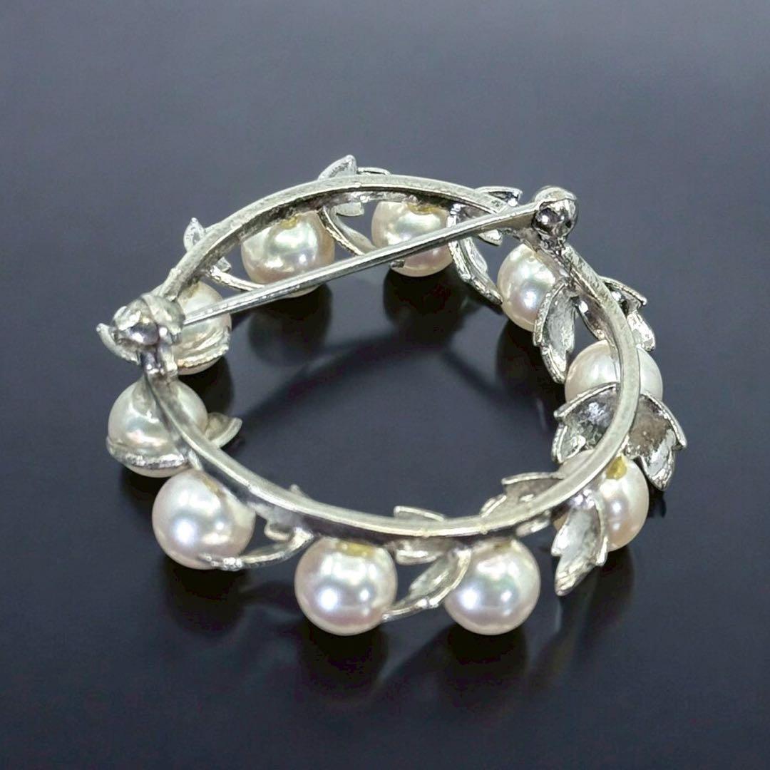 【極上】ミキモト　アコヤ　本真珠　パール　ブローチ　シルバー　サークル　リーフ