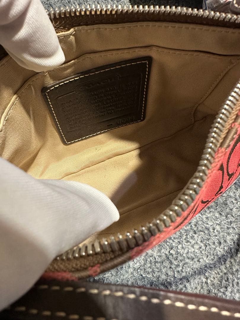 COACHコーチ　アクセサリーポーチ　ハンドバッグ　キャンバス 赤 茶