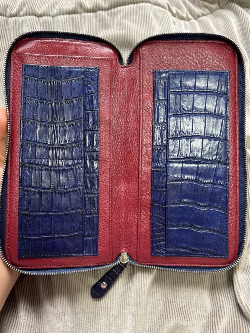 渋い！　ナイルクロコダイル　長財布　クラッチ　ネイビー　センター1枚革