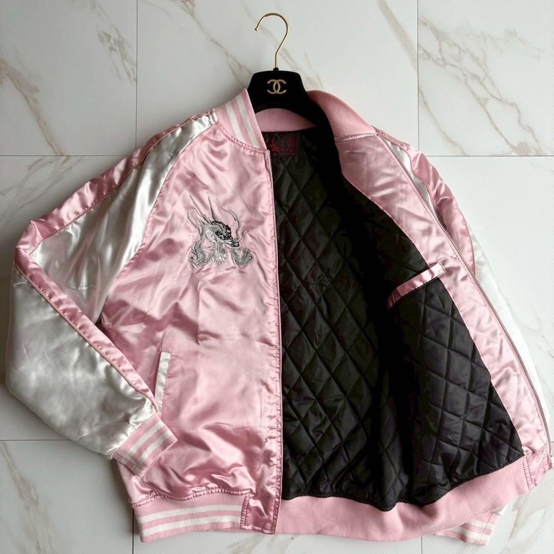 美品◆一心如鏡 スカジャン ドラゴン 龍 刺繍 XL 裏地キルティング ピンク