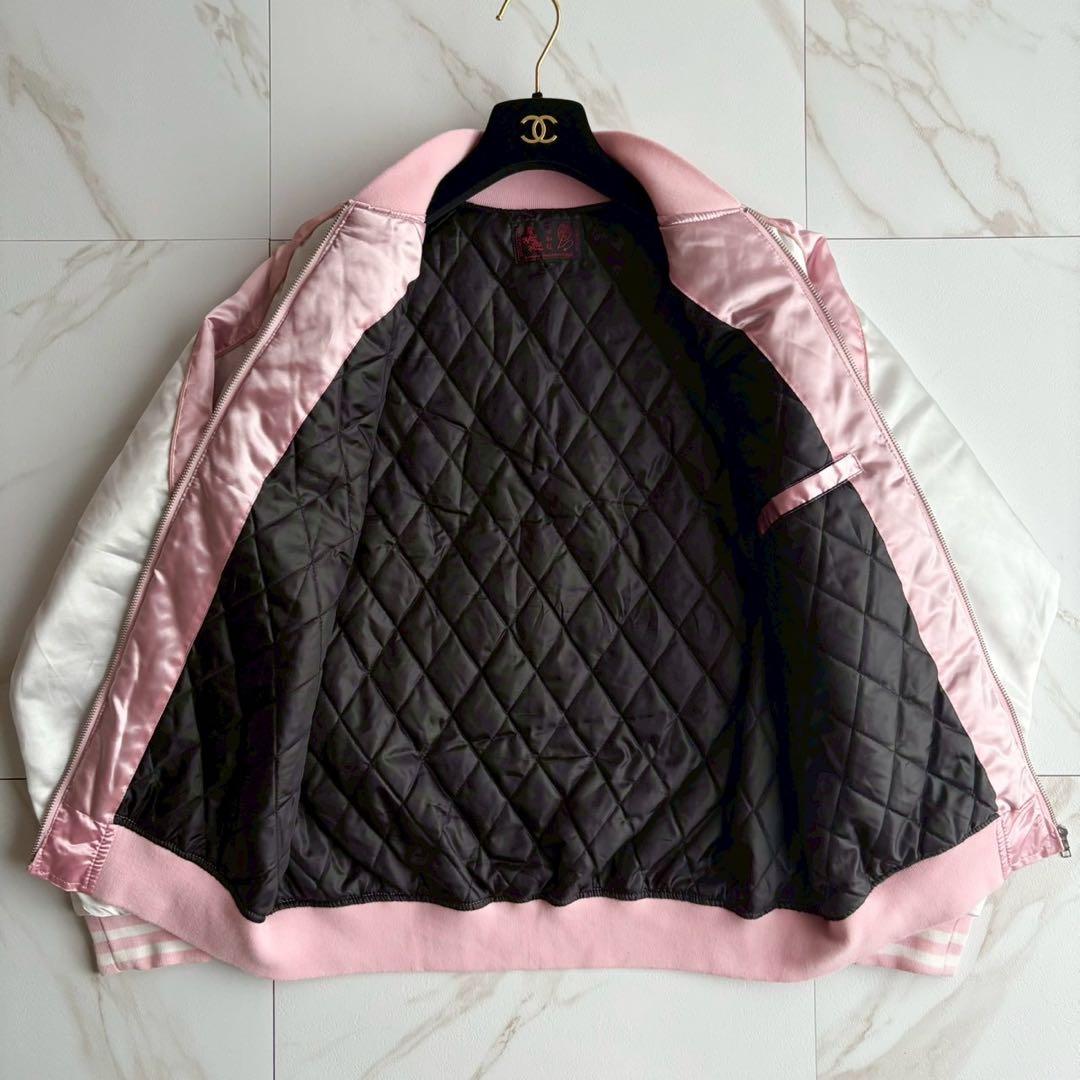 美品◆一心如鏡 スカジャン ドラゴン 龍 刺繍 XL 裏地キルティング ピンク