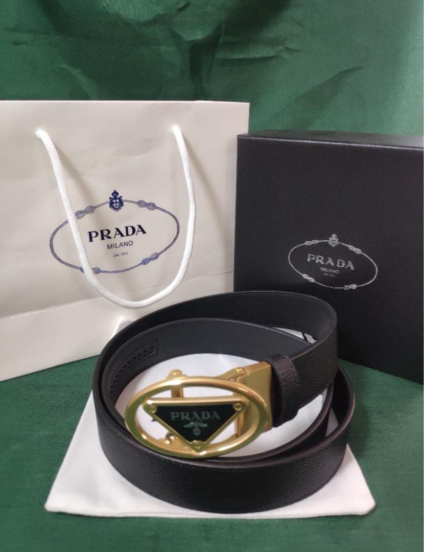 超美品★プラダ/PRADA サフィアーノ三角ロゴベルト　ゴールド金具　95