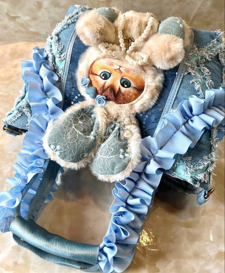 コヤンイサムチョン　フリンジデニム/スパンコールレースデニム　フリル持ち手バッグ