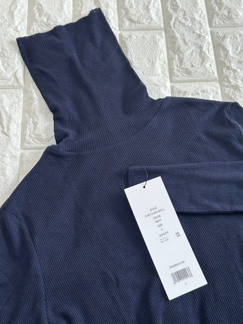 新品 SOEJU カシミヤ混タートルネックカットソー リブニット ネイビーL