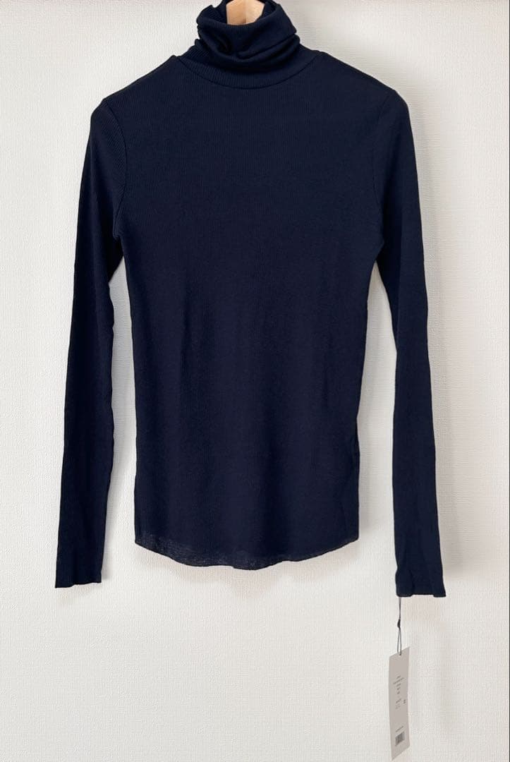 新品 SOEJU カシミヤ混タートルネックカットソー リブニット ネイビーL