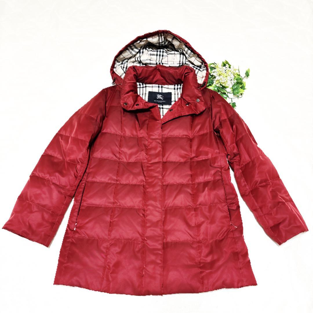 新品級 バーバリーロンドン ダウン ノバチェック 総柄 フード 赤 M 三陽商会