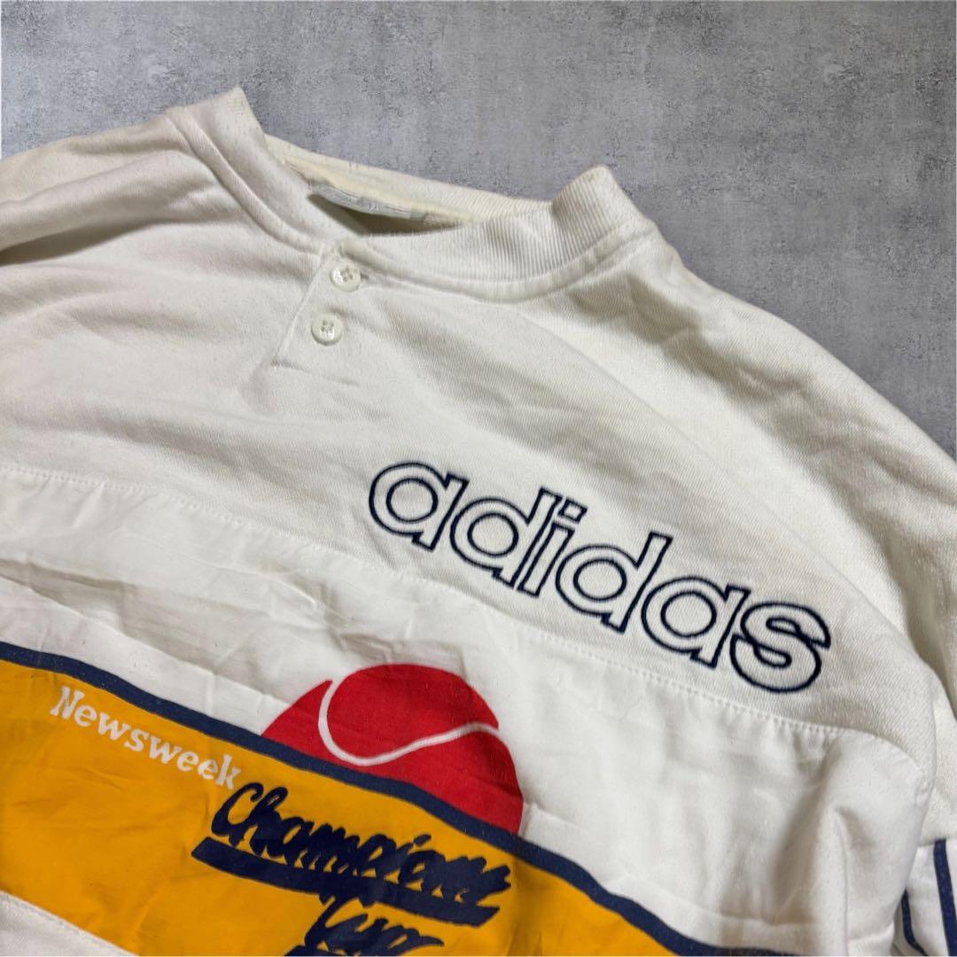 【M24】80-90s adidasヘンリーネックスウェット白×バターイエロー