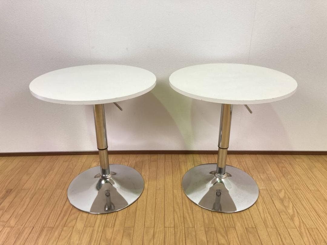 2点セット 昇降式 丸テーブル 白 まとめて 机 ホワイト 店舗什器 カフェ