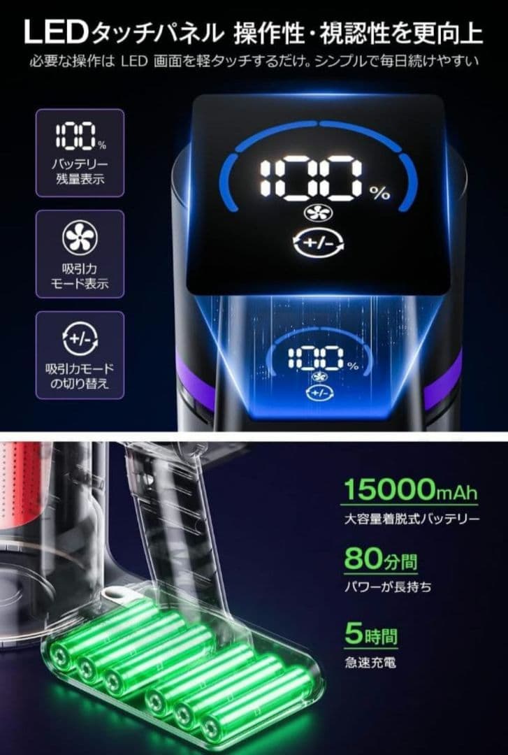 電気掃除機 コードレス 65kPa超強力吸引 LCD液晶ディスプレイ