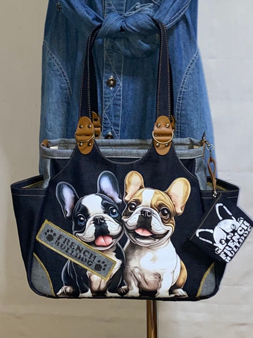 ☆岡山デニム☆ステンシル☆☆フレンチブルドッグ☆4wayあおりバッグ