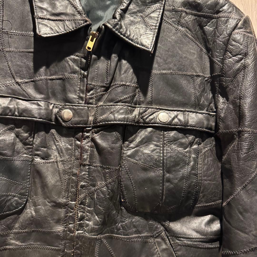 70s ブラックレザーライダースパッチワークシングル