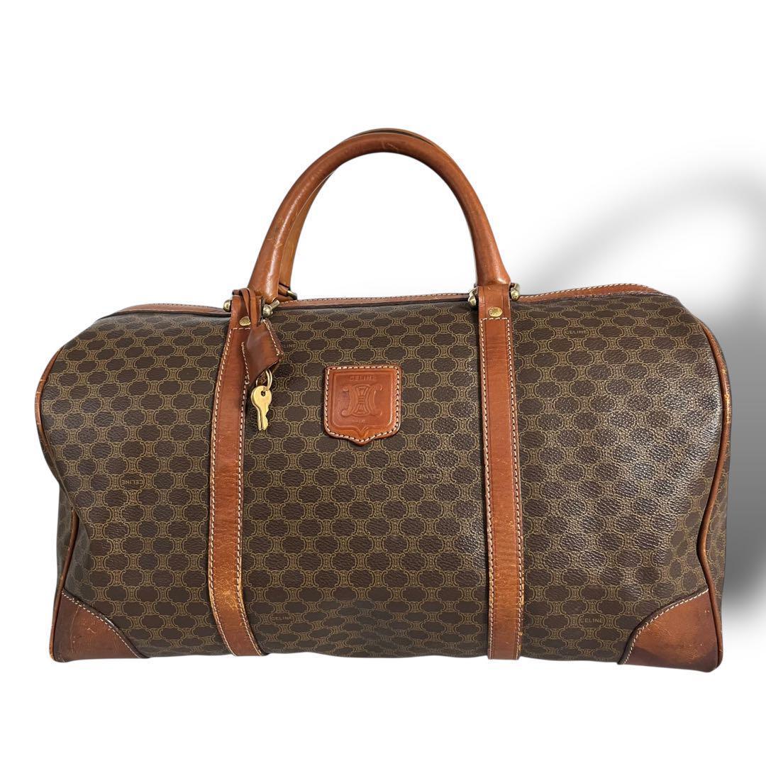 CELINEセリーヌ★マカダム柄 ボストンバッグ PVC レザー 鍵 ブラウン