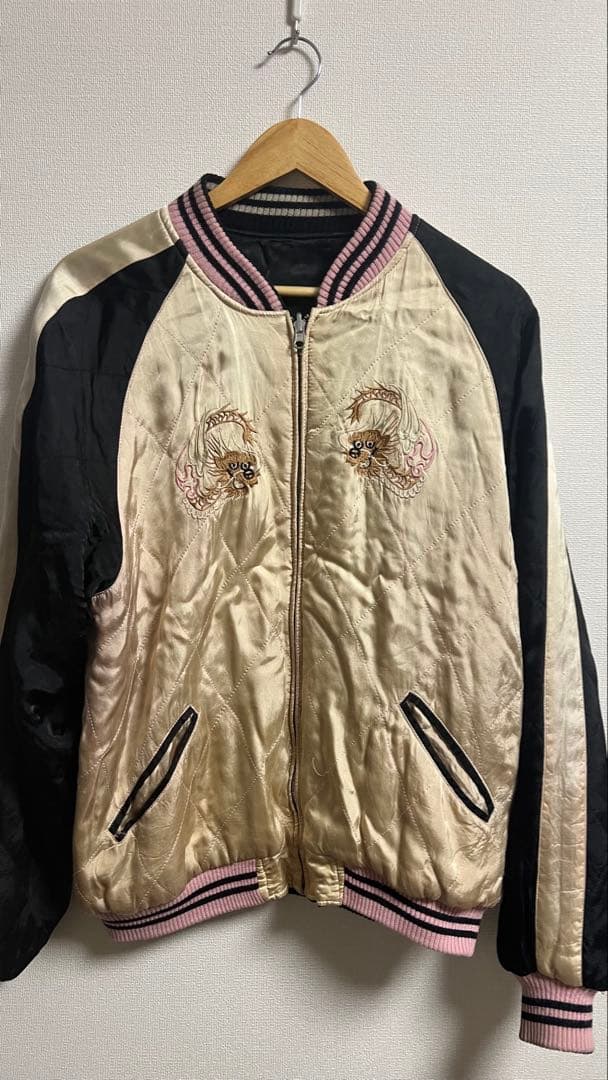 リバーシブル スカジャン 刺繍 虎×龍 和柄 XL 黒×ゴールド ヴィンテージ風