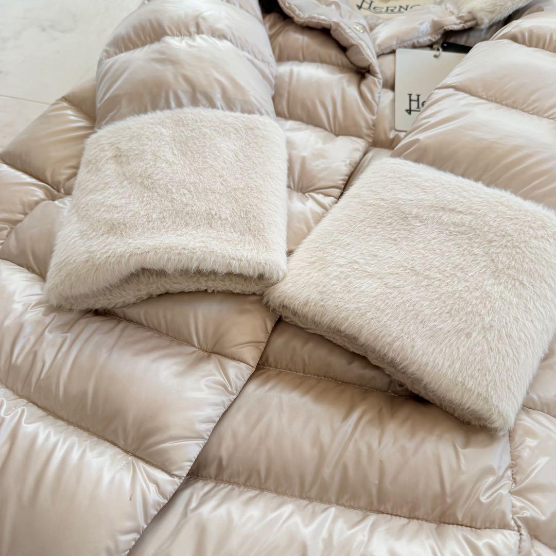 タグ付未使用★HERNO ダウンコート エコファー 異素材 切替 グレージュ42