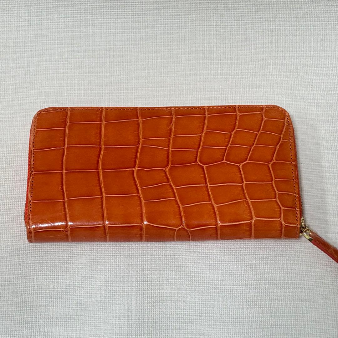 【未使用級】シャイニング クロコダイル 長財布 ラウンドジップ オレンジ