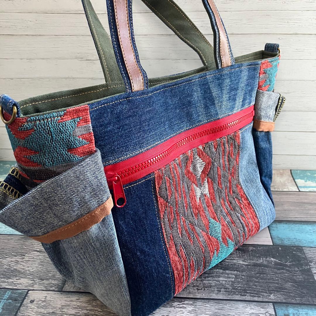 ◆デニム×ネイティヴ柄◆サイドポケット付き トートバッグ 他2点