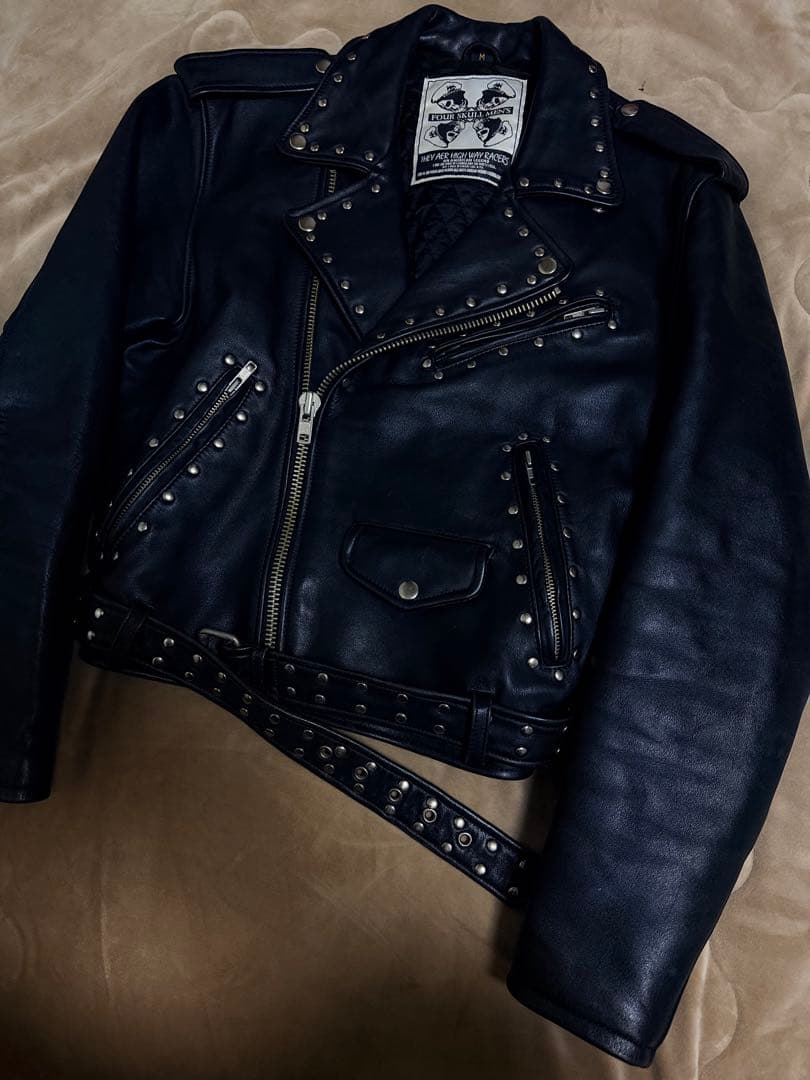 美品 FOUR SKULL 鋲ジャン スタッズ レザーダブルライダースジャケット