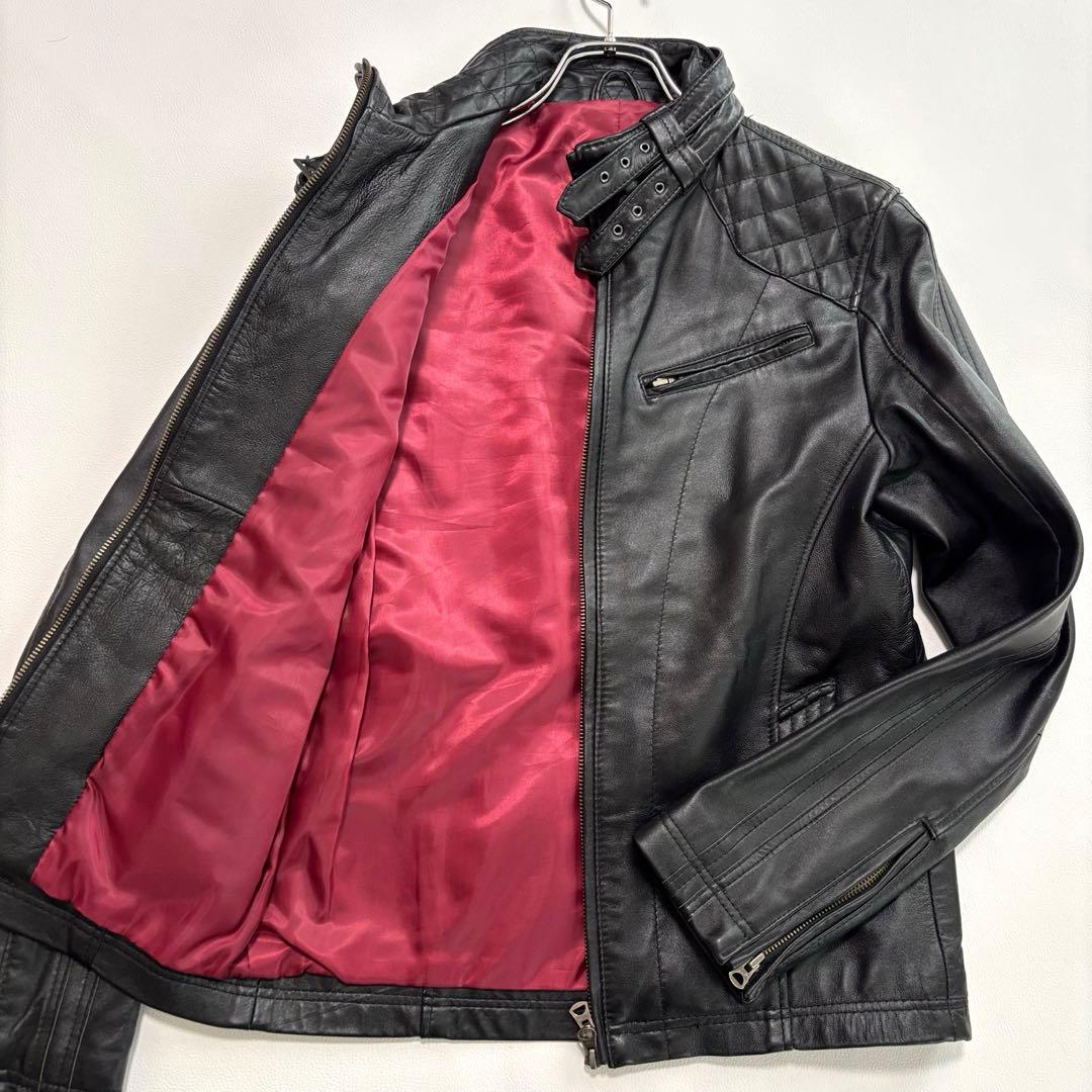 メンズビギ[羊革 キルティング レッド]ライダースジャケット Lサイズ ブラック