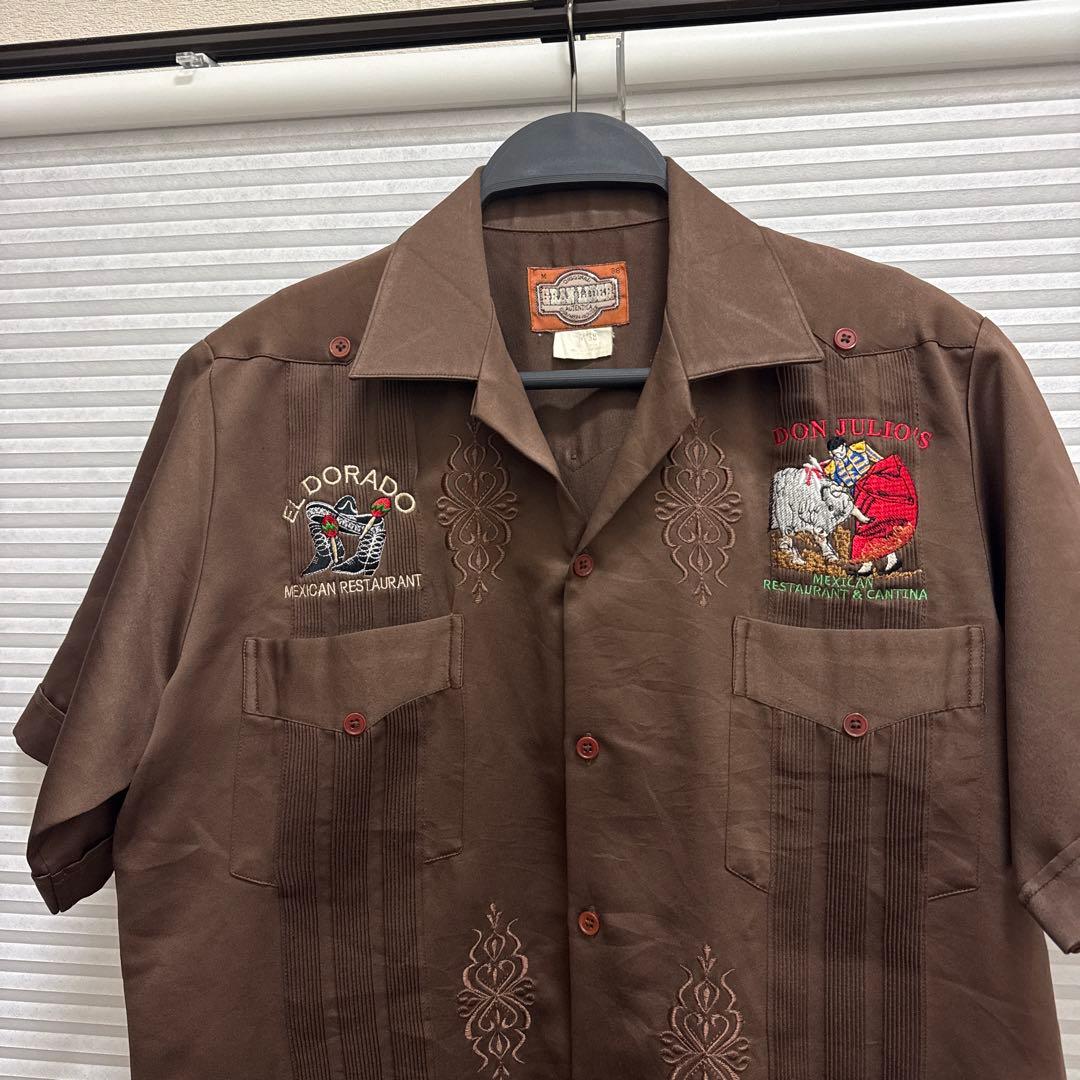 80s 90s 刺繍入り キューバシャツ ブラウン サテン