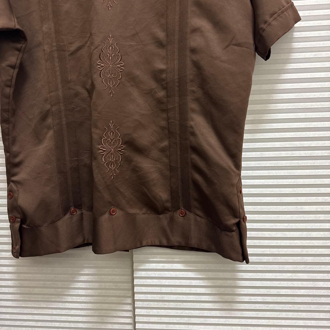 80s 90s 刺繍入り キューバシャツ ブラウン サテン