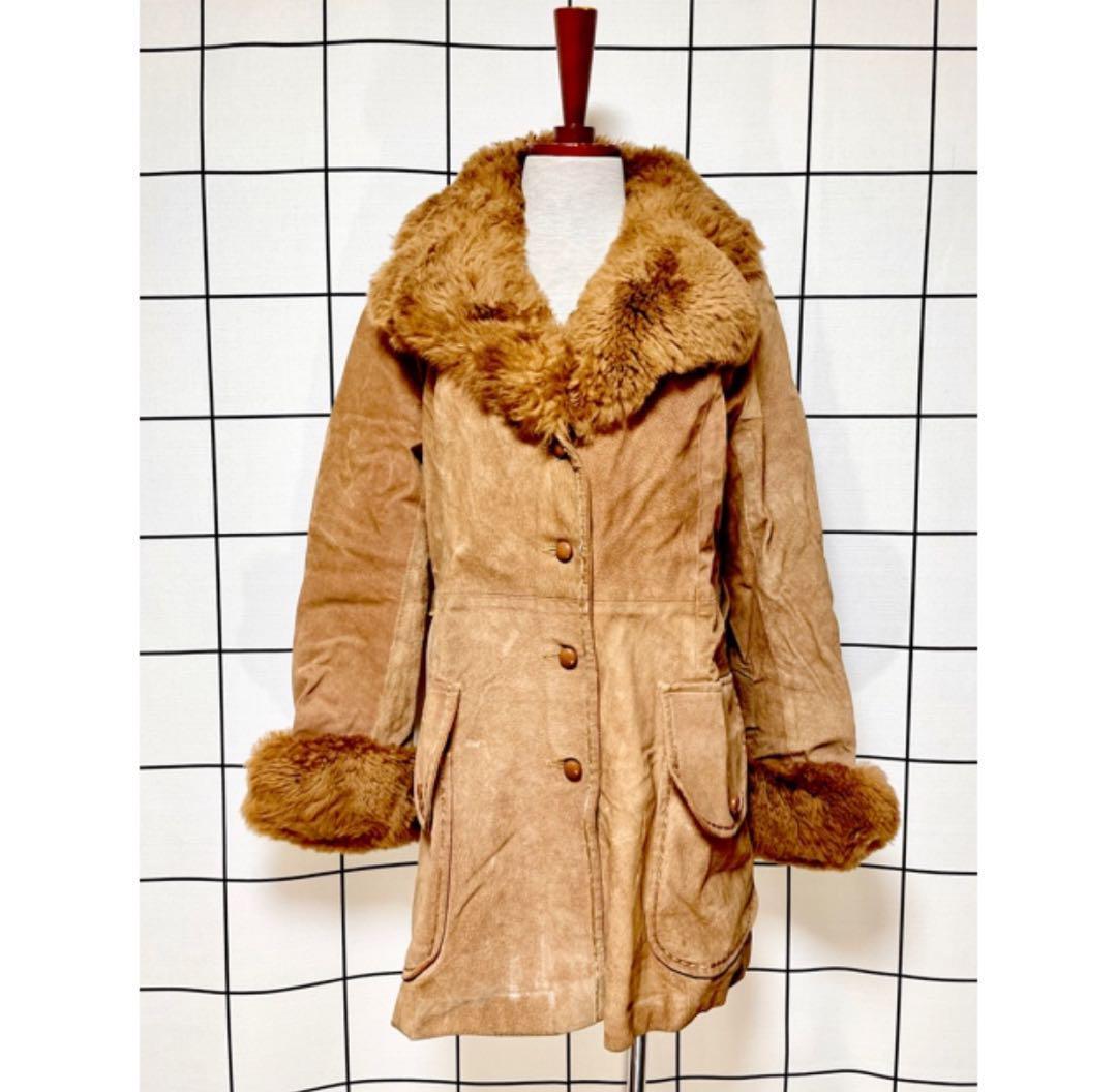 vintageヴィンテージコートファースエードビッグカラーレトロUSA海外古着