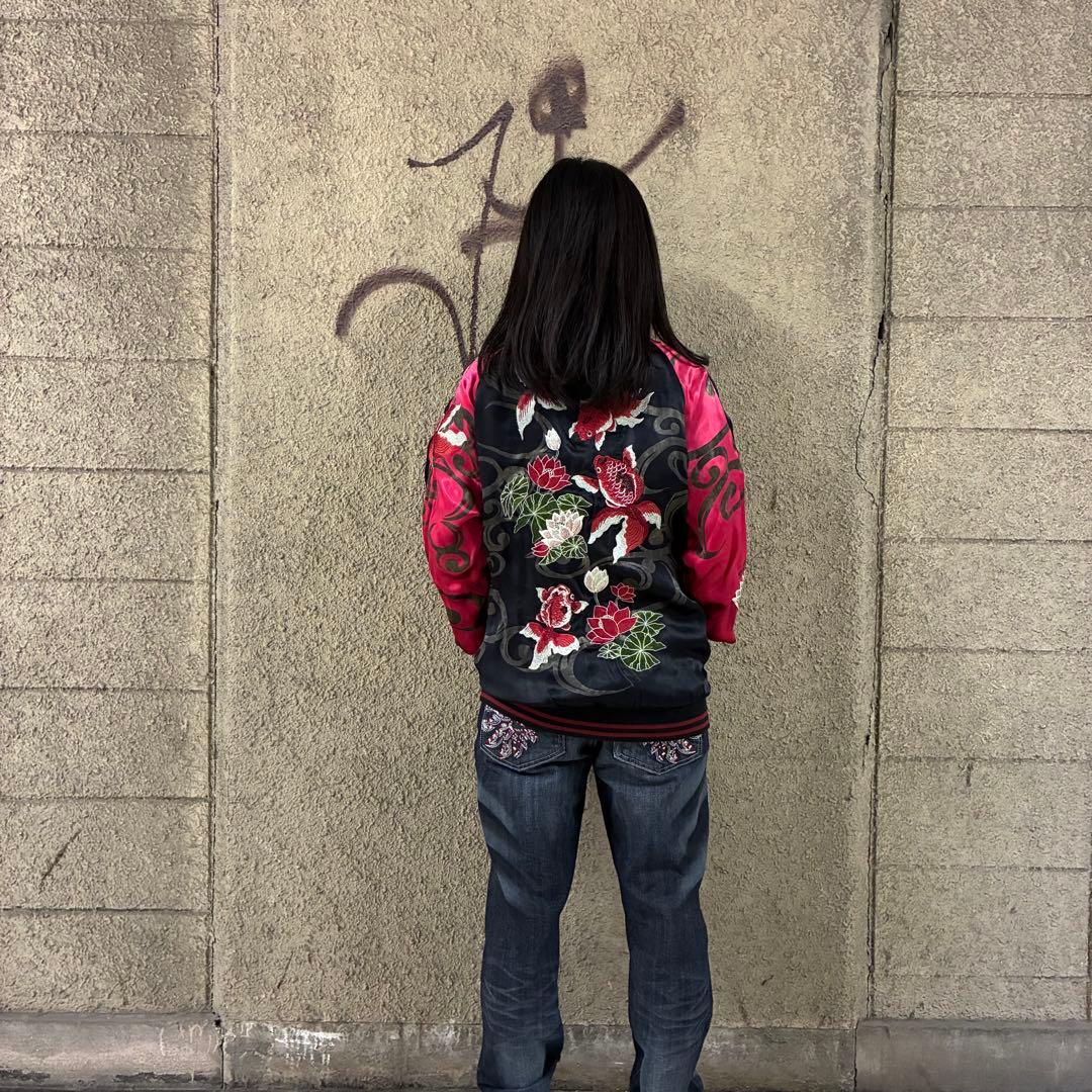 激シブ⭐︎リバーシブル 雅結 スカジャン サテン刺繍 和柄 龍 虎 金魚 L程度