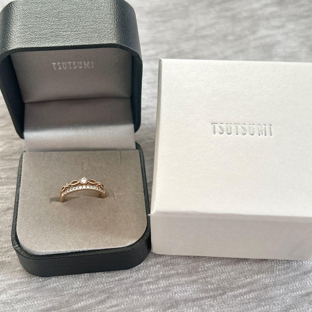 ツツミ K10 イエローゴールド ダイヤモンド ピンキーリング 7～8号 箱付き