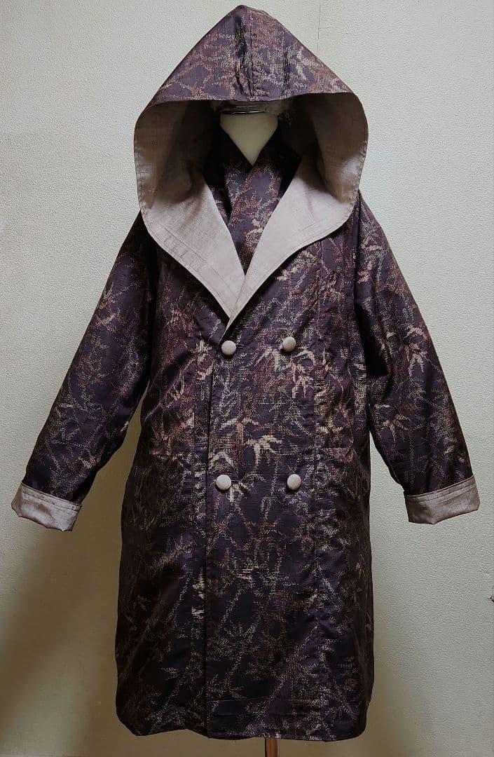 正絹結城紬&無地系紬着物リメイクリバーシブルWフ－ドコ－ト＊結城紬マフラー付き