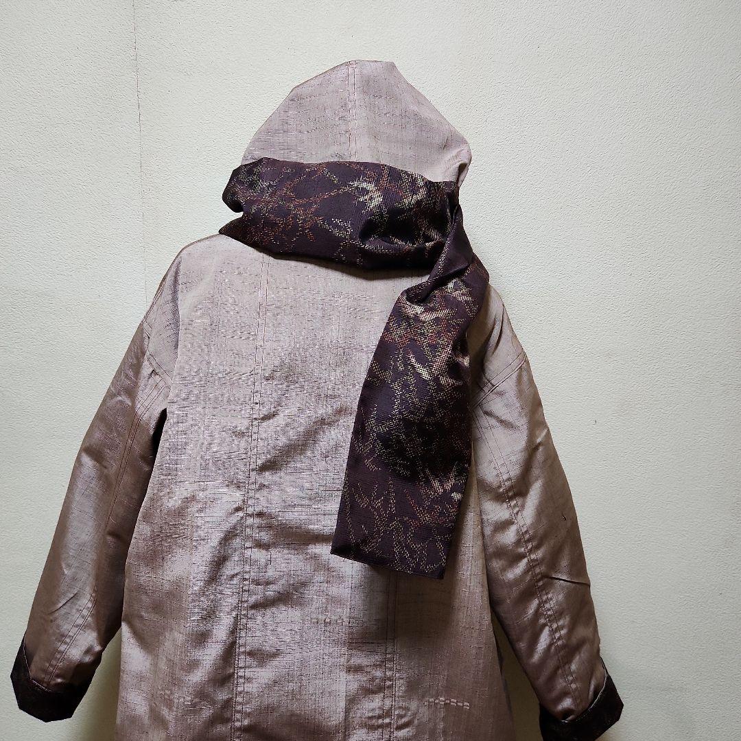 正絹結城紬&無地系紬着物リメイクリバーシブルWフ－ドコ－ト＊結城紬マフラー付き