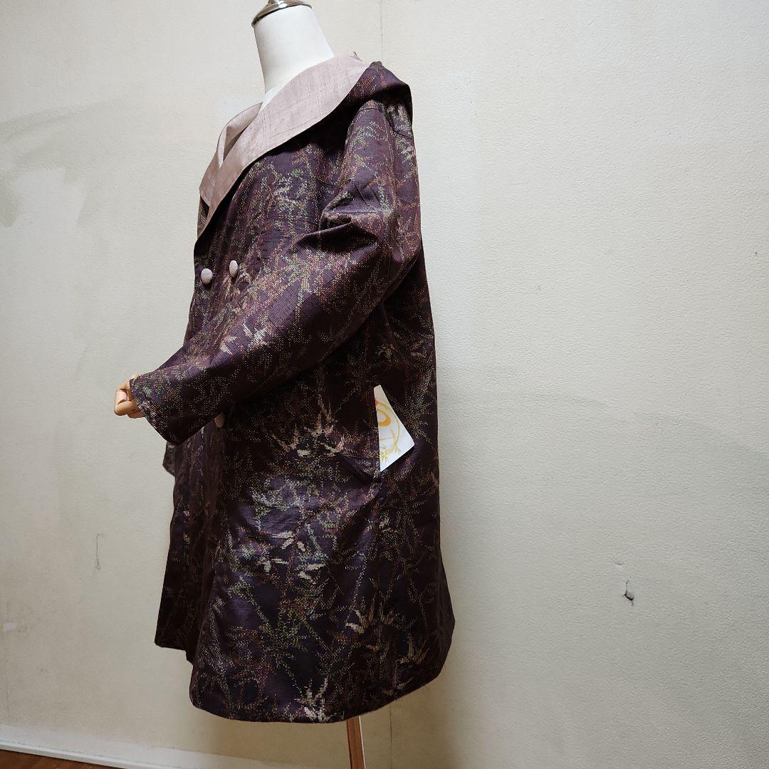 正絹結城紬&無地系紬着物リメイクリバーシブルWフ－ドコ－ト＊結城紬マフラー付き