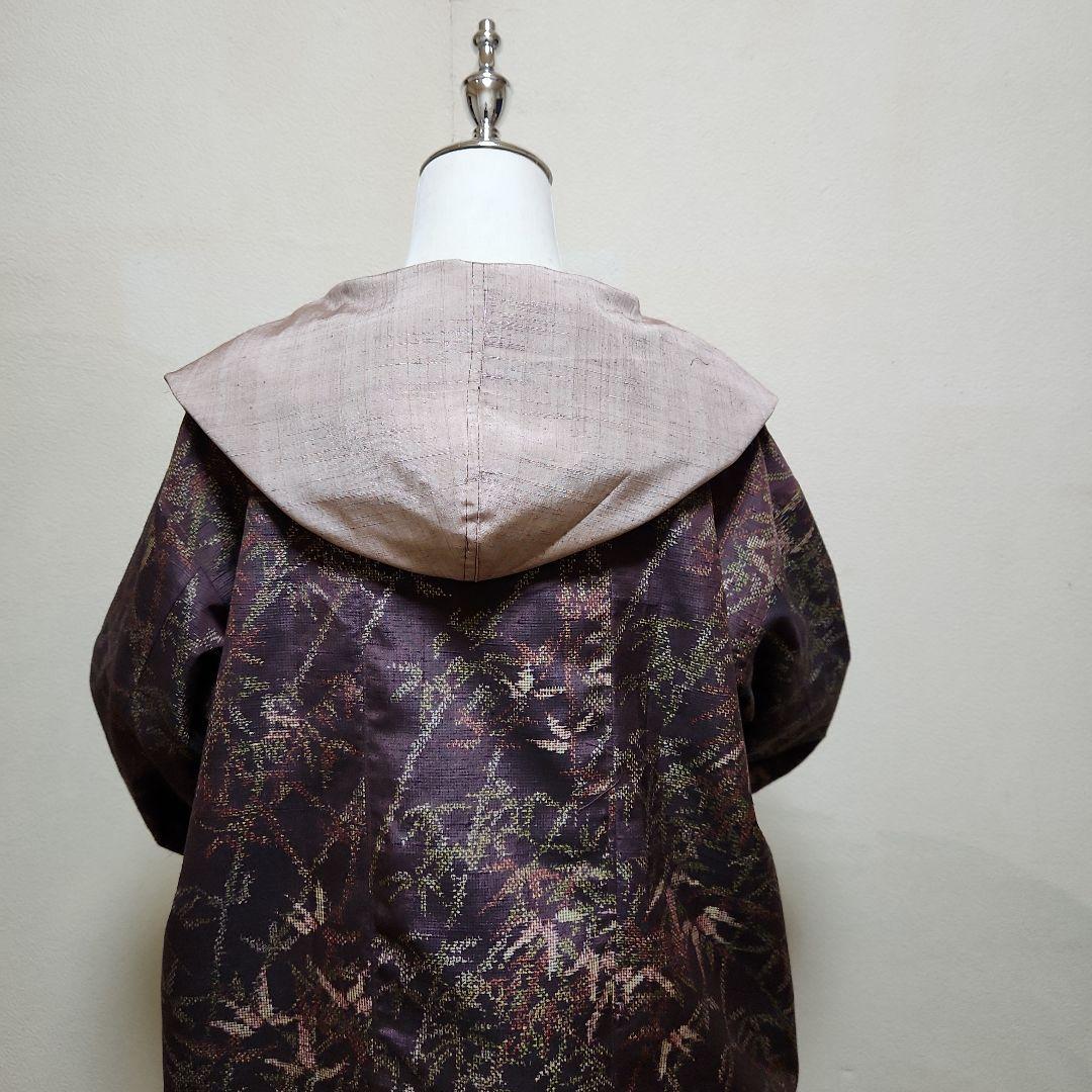 正絹結城紬&無地系紬着物リメイクリバーシブルWフ－ドコ－ト＊結城紬マフラー付き