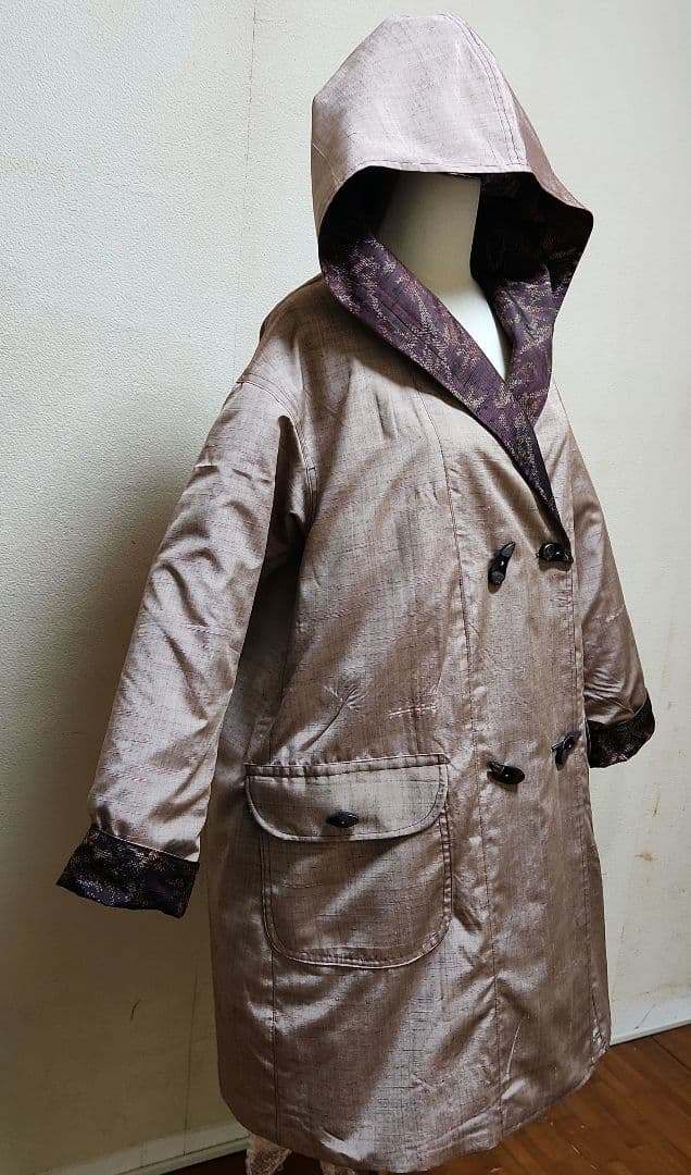 正絹結城紬&無地系紬着物リメイクリバーシブルWフ－ドコ－ト＊結城紬マフラー付き