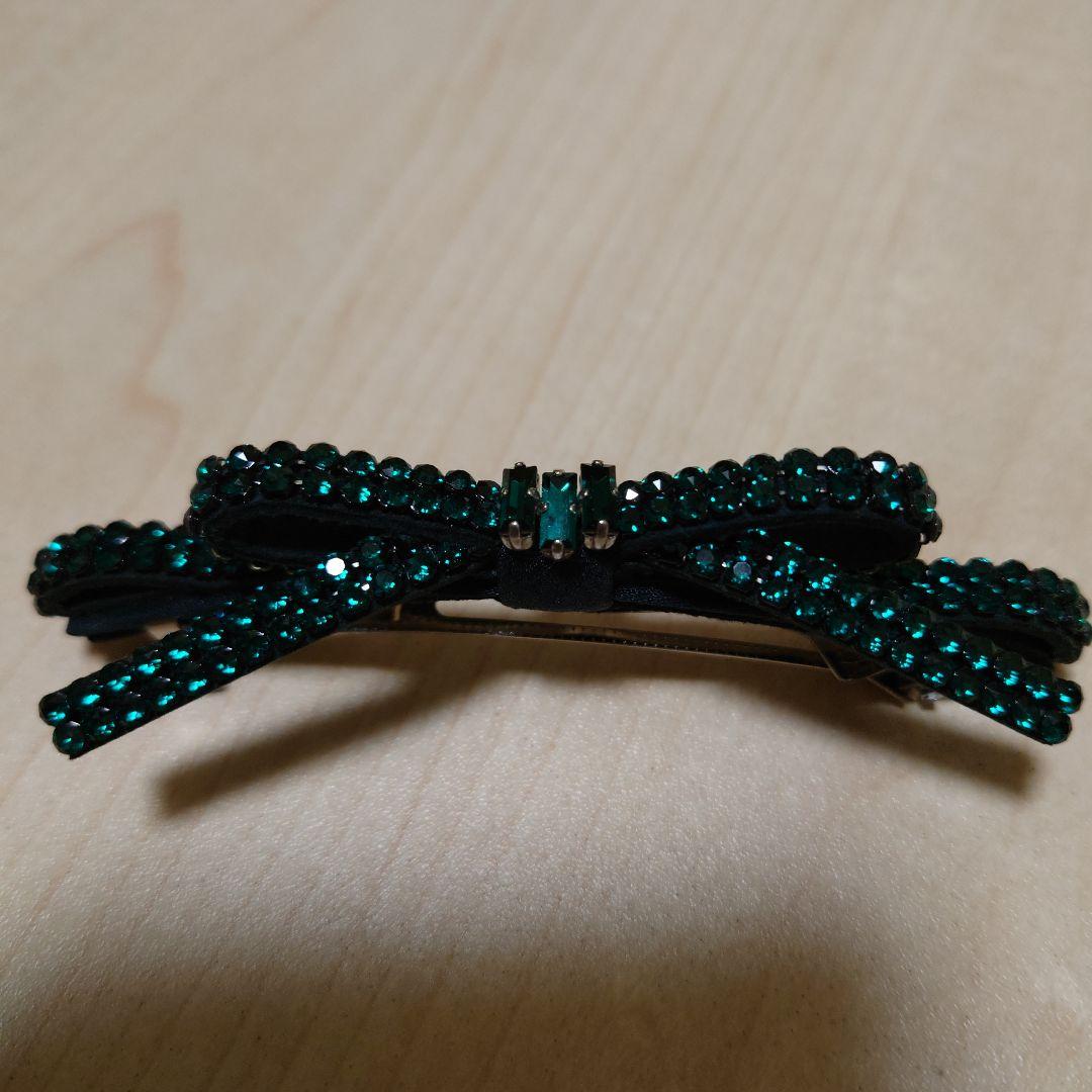 コンプレックスビズ　リボン　バレッタ　スワロフスキー　グリーン