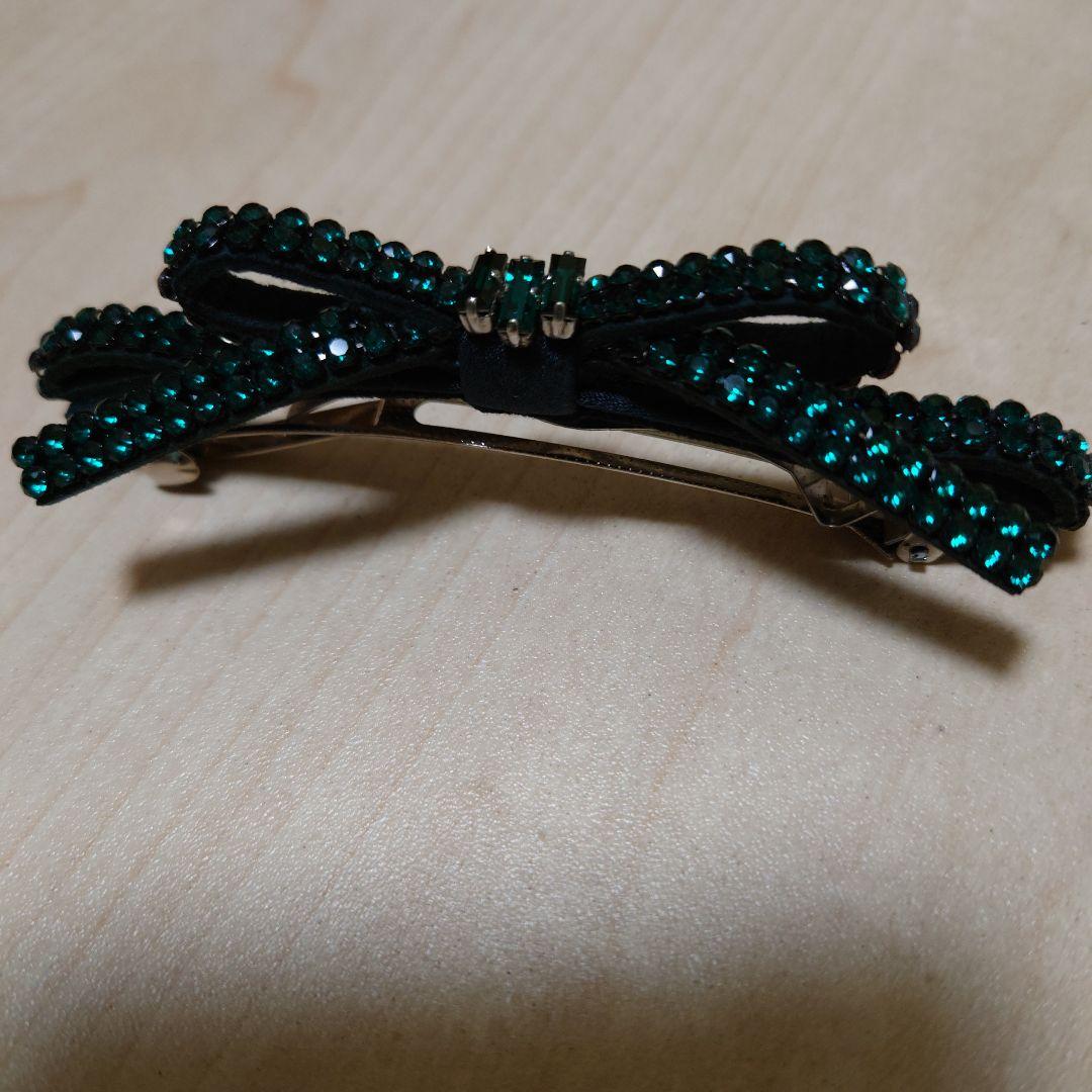 コンプレックスビズ　リボン　バレッタ　スワロフスキー　グリーン