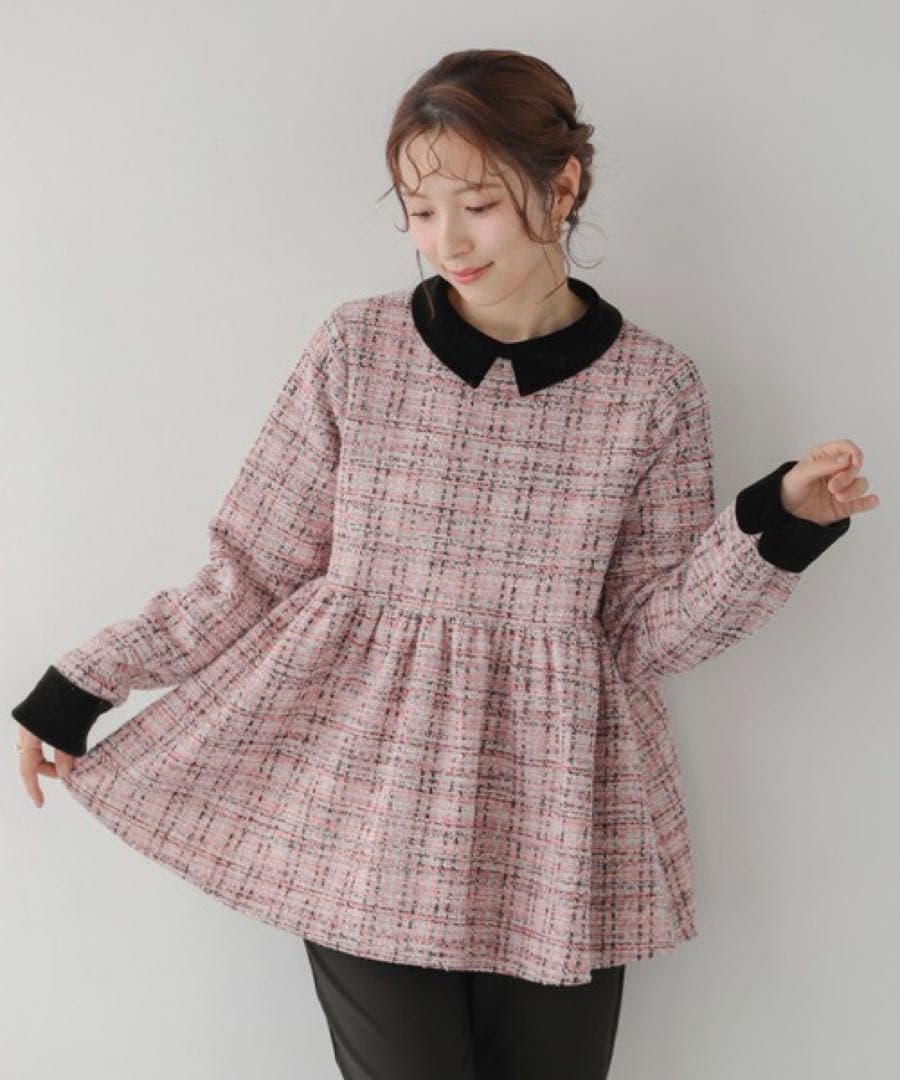 ツイードベロアカラーペプラムトップス(ピンク)